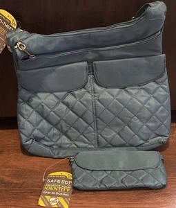 Travelon Bag Womens Blue/Gray Quilted Crossbody Purse Messenger Anti-Theft RFID - Picture 1 of 7