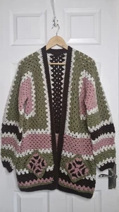 Hand knitted Crochet Cardigan Arran Wool 3/4 length NEW  - Picture 1 of 12