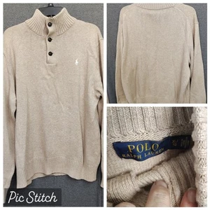 Vintage Polo Ralph Lauren Pullover Herren XL Beige Henley Mock Button Neck Pony - Bild 1 von 7
