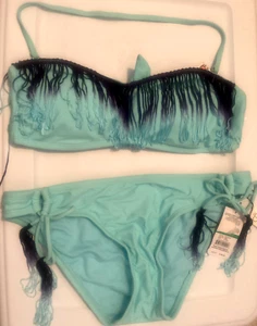 Teal Bikini Beach Swimsuit Size L 2 PCS Bandeau Top Ties Fringe Bathing Suit NWT - Picture 1 of 8