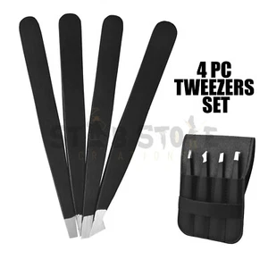 Tweezers Set 4-Piece Professional Stainless Eyebrow Hair Pluckers +Case - Picture 1 of 4