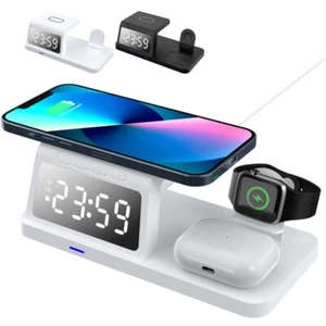 Wireless Charger Charging Station Digital Alarm 4 in 1 for iPhone iWatch AirPods - Picture 1 of 27