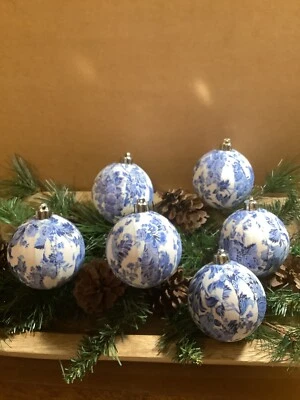 6 Blue/White/Silver Chinoiserie Inspired 2.5” Handmade Christmas Ornaments, New - Image 1 of 2