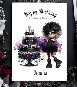 Personalised Gothic Girl & Birthday Cake Birthday Greetings Card - Choose Size - Picture 1 of 3