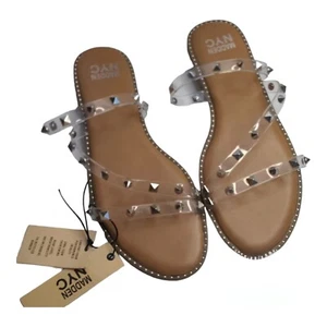 MADDEN NYC ECO LUX STUDDED CLEAR STRAP BROWN Flat Heel Sandals Sz 9 - Picture 1 of 12