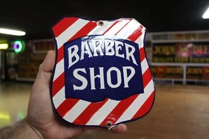 RARE BARBER SHOP SHIELD PORCELAIN METAL SIGN RED WHITE BLUE HAIRCUT POLE DINER - Picture 1 of 9