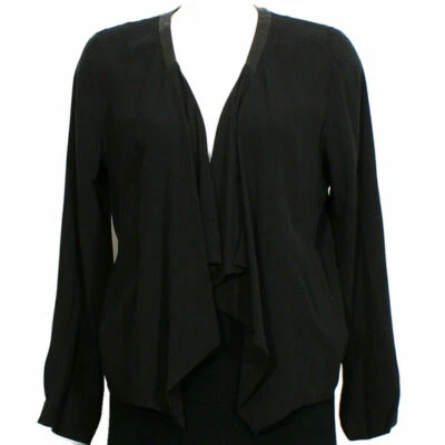 Chaqueta drapeada EILEEN FISHER negra seda crepé cuero M Foto 1 de 2