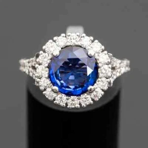 Anillo de compromiso de diamantes con zafiro natural de corte redondo de 2,50 quilates de oro blanco macizo de 14 quilates - Imagen 1 de 7