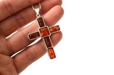 Collar Cruz Hombre Colgante Cruz Plata para Hombre, Collar Ámbar para Hombre Foto 1 de 4