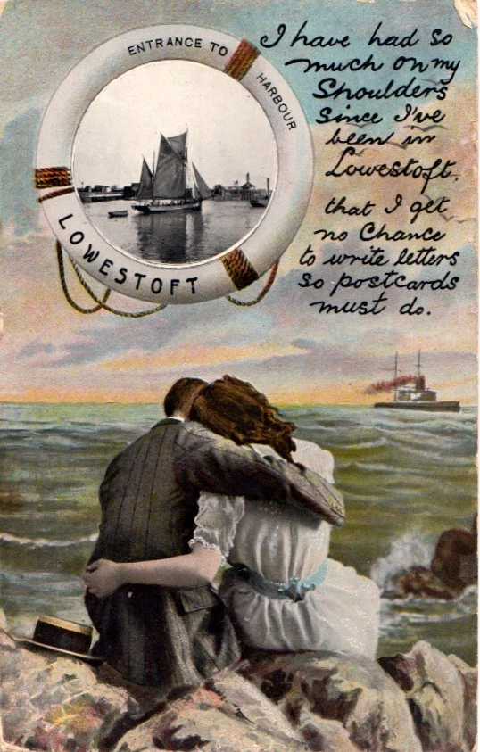 printed novelty  lowestoft postcard, trawler in dock  posted 1908 - Image 1 of 1