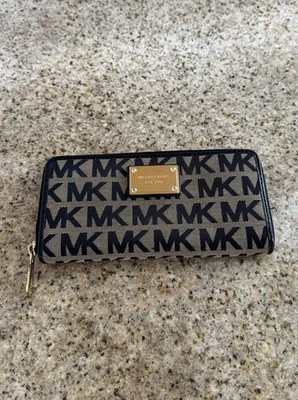 Michael Kors Zip Around Long Wallet Monogram Canvas Gold Nameplate Black Leather - Image 1 of 4