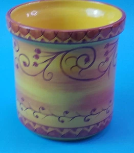 Pier 1 Karistan Handpainted Utensil Holder 7" Dishwasher Safe Yellow Design - Picture 1 of 7
