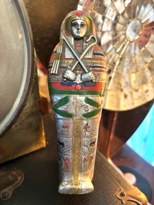 Silver Painted Ancient Egyptian Deco King Tut Sarcophagus Mummy Coffin Box - Picture 1 of 11