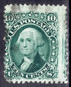 US # 68a (1861) 10c-Grade:VG with 3 EFO's: Misperf w/green lines 'TAG' variety - Picture 1 of 5