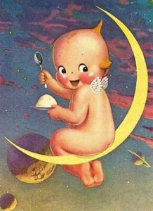 Cupie Baby auf Geschenk Mond bunt mit Planeten, von Rose O'Neill - Bild 1 von 1