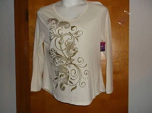 NEW  JUST MY SIZE LADY'S CHALK WHITE SCOOP NECK  L/S GOLD DESIGN PULLOVER TOP - Picture 1 of 3