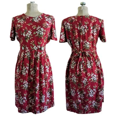 Vtg M/L Petite Linen Blend Red Floral Midi Dress Fit & Flare Retro Cottage 40s - Image 1 of 4