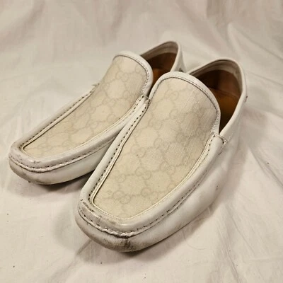 GUCCI Loafers Leather Moccasins Shoes GG Monogram Leather Logo White Mens US 8 - Image 1 of 4