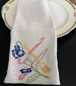 30s Raw Silk Hand Embroidered Kitchen Towel Fork Knife Spoon Silver Trousseau - Picture 1 of 5