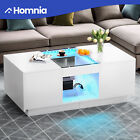 LED Coffee Table w/ Charging Station Center Storage Double Drawer Smooth Sliding