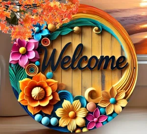 2D in HD print Welcome Flowers Wall Decor Colorful Metal Tin Sign 8x8 - Picture 1 of 2