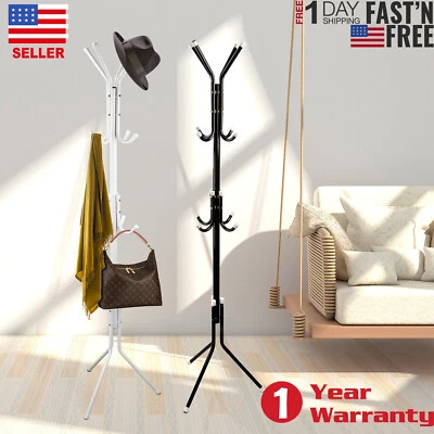 Coat Rack Hat Stand Tree Clothes Hanger Umbrella Holder Metal Organizer 12 Hooks - Image 1 of 4