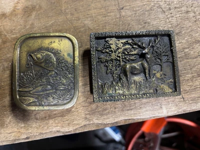 2 hebillas de cinturón de latón vintage boca grande pesca de lubina y caza de buck hebillas de cinturón Foto 1 de 4