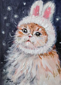 ACEO Originale Acrilico Gatto in Cappello Costume Coniglietto Neve - Foto 1 di 4