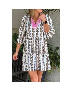 Azura Exchange Printed Woven Tiered Mini Dress with V-Neck Women Black Mini - Picture 1 of 24