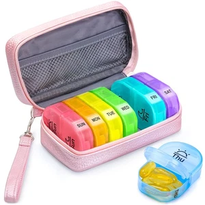 AUVON Rosa PU Leder Tasche Pillendosen 7 Tage 2 mal am Tag, Große AM/PM Pillendose - Bild 1 von 5