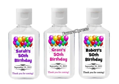 50th BIRTHDAY PARTY FAVORS HAND SANITIZER LABELS - PINK, PURPLE, BLUE BLACK, RED - Image 1 of 2