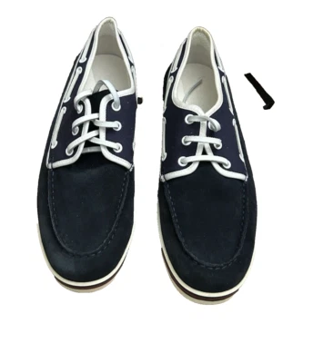 PRE-OWNED MEN'S GUCCI BLUE AND WHITE SUEDE LACE-UP LOAFER WEB ON SIDES SIZE 10.5 - Image 1 of 4