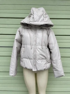 New Zara Beige faux leather puffer jacket coat Hoodie size S (READ) B10J - Picture 1 of 15
