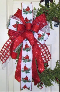 10 " RED BIRDS w glitter BOW WIRED RIBBON for DOOR WREATH LANTERN # 134 rb - Picture 1 of 6