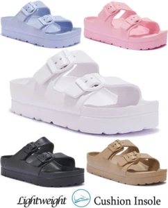 HOT LADIES DOUBLE BUCKLE CHUNKY SLIDERS WOMENS FLATFORM FLIP FLOPS BEACH SANDALS - Picture 1 of 30