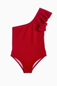 NEW 10 lk 8 SUBMARINE Girls 1pc Elegant Valentines Red Ruffle Shoulder Swimsuit - Picture 1 of 2
