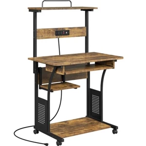 3 Tiers Rolling Computer Desk with Keyboard Tray, Charging Station, USB Ports - Picture 1 of 24