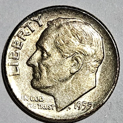 U.S.A. 1955 Roosevelt Silver Dime, 90% Pure Silver, Low Mintage, Obverse/Toning Cover