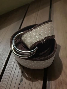 Preppy Fabric Ribbon Tan with White Polka Dot Belt D Ring Buckle 40-45" Size 16 - Picture 1 of 8