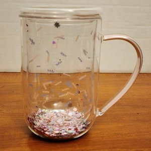 David’s Davids Tea Nordic Glass Mug w/ Lid Love Amour Star Confetti Nice!- EUC - Picture 1 of 12