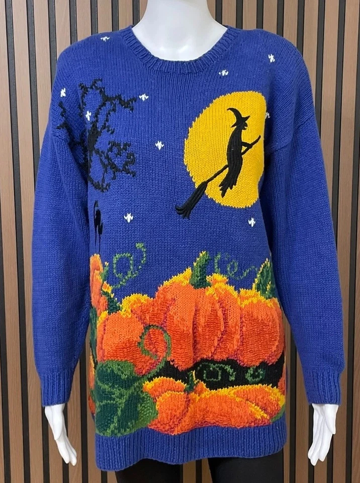 Suéter Marisa Christina Para Mujer L Azul Ramie Halloween Bruja Tejido a Mano Calabaza Foto 1 de 4