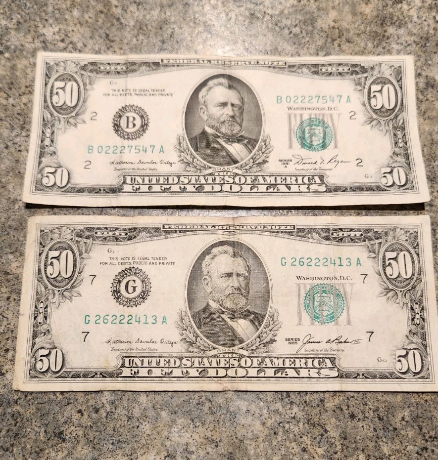 1981 And 1985 $50 Dollar Bills Triple number 222 - Image 1 of 4