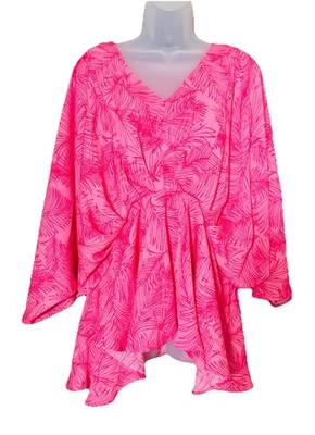 Easel Women’s Size 1X  Flowy Tunic Top Peplum Hot Pink Leaf Print - Image 1 of 4