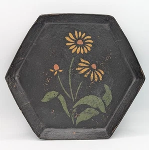 Primitive Folk Art Hand-Painted Hexagonal Papier Mache Floral Tray Plate 11 x 1" - Picture 1 of 9