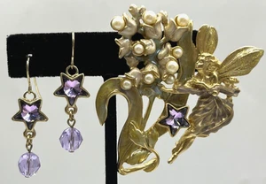 VTG Kirks Folly Fairy Pin Brooch & Star Earrings Purple Enamel Faux Pearl Floral - Picture 1 of 15