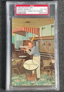 Tarjeta postal Holiday Inn Mickey Mantle 1962 con murciélago en salón (Joplin, MS) PSA EX-MT 6 - Imagen 1 de 12