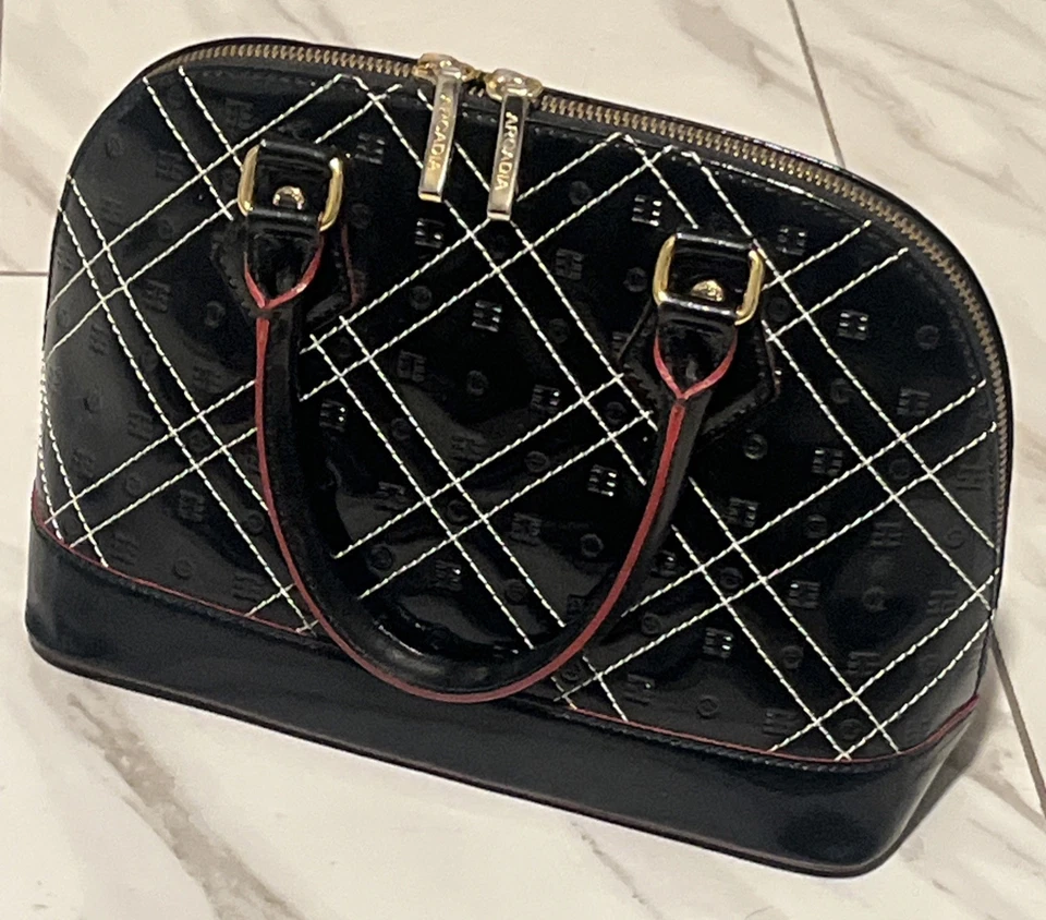 Bolso de Mano Arcadia Negro Charol Cúpula con Correa Borde Rojo Italia Foto 1 de 4