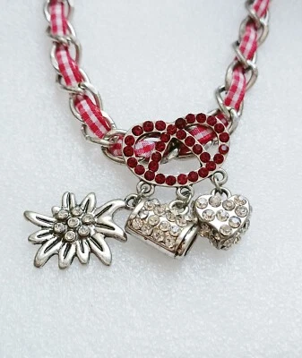 Halskette Modekette Bänderkette Trachtenkette Anhänger Brezel Rot Modeschmuck - Bild 1 von 4