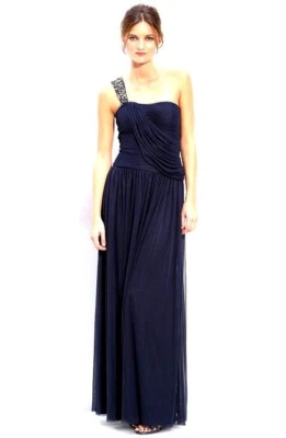 NWOT  JS Collections Mesh One Shoulder Draped Beaded Dress/Gown `Navy` Size  4 - Image 1 of 2