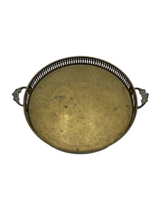 Vintage Brass Butlers Serving 11" Tray Round Floral Handles Pierced Sides - Picture 1 of 9